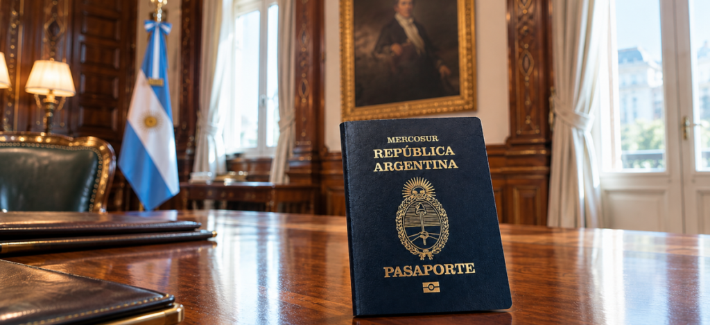 Pasaporte argentino sobre un escritorio con la bandera argentina al fondo